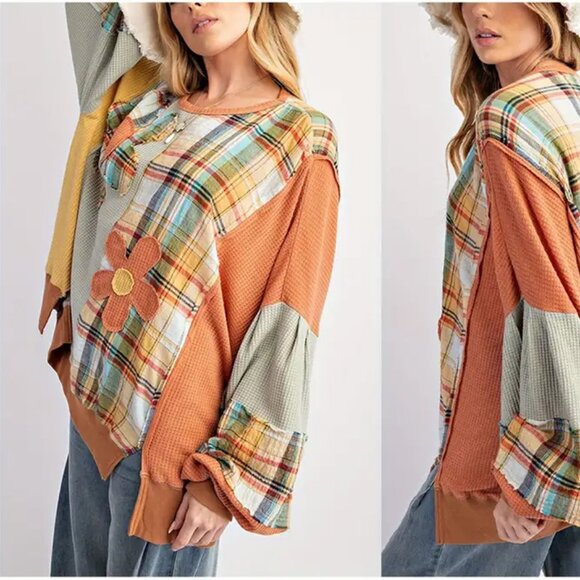 Postcard Loose Fit Floral & Plaid Patchwork Sweatshirt Pullover - Picture 5 of 6